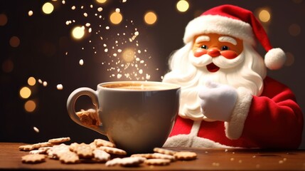 Cup of coffee with santa claus on bokeh background. Christmas Greeting Card. Christmas Postcard.