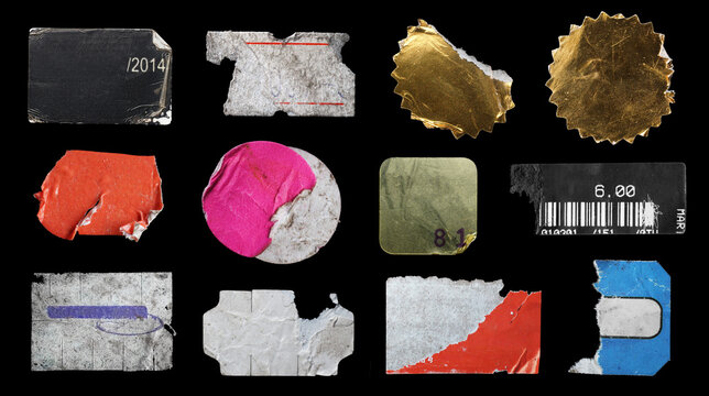collection of blank old sticker, label, price tag template for mockup. isolated dirty, ripped, half peeled stickers