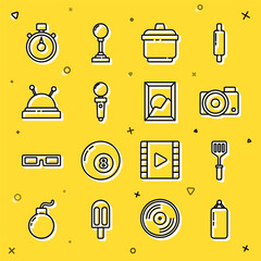 Poster - Set line Punching bag, Spatula, Photo camera, Cooking pot, Joystick for arcade machine, Needle bed and needles, Stopwatch and Picture landscape icon. Vector