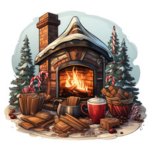 A Cozy Christmas Candy Cane T-shirt Design, Portraying A Rustic Scene By A Fireplace With Stockings Hung, A Tray Of Freshly Baked Cookies And Hot Cocoa, Generative Ai