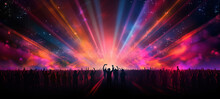 Colorful Laser Beams Rays In A Club, Disco, Nightclub Or On A Festival Or Concert, With Silhouette Of Party People- Laser Show Background Banner