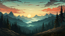 Landscape Forest Mountains Nature Adventure Travel Background Panorama - Illustration Of Dark Green Silhouette Of Valley View Of Forest Fir Trees And Mountains Peak.