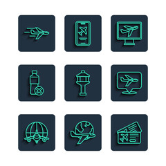 Poster - Set line Globe with flying plane, Airline ticket, Plane, Airport control tower, No water bottle, and icon. Vector