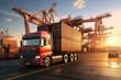 © arhendrix - Cargo trucks, shipping, courier services. Logistics and warehousing transport Pallets are loaded into the container truck, the containers are stacked on the pallet inside the truck