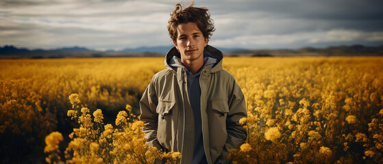 Wall Mural - editorial portrait of a male model in a field of yellow flowers in an australian landscape