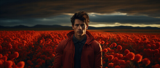 Wall Mural - editorial portrait of a male model in a field of red flowers in an australian landscape