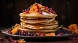 Fototapeta Las - Delicious pancakes with berries and honey, jam