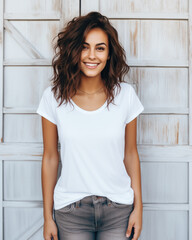 Woman standing in front of a wood backdrop, wearing a blank Bella Canvas 3001 style t-shirt, shirt mockup, white shirt, trendy, fashion