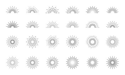 Sunburst set. Light rays collection. Vintage sunburst. Explosion, firework, sparks, star light, sun rays. Element for logotype, emblem, banner or lettering. Vector illustration.