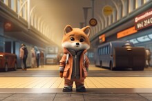 3d Cartoon Style Illustration With A Tiny Fox Waiting For A Train