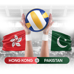 Hong Kong vs Pakistan national teams volleyball volley ball match competition concept.