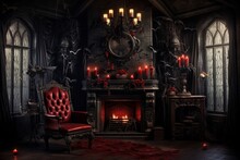 Halloween Gothic Vampire Dark Living Room. AI Generated