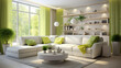 living room in a new home. Features White and green walls, parquet floors. Beautiful furniture with light colored fronts