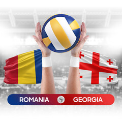 Romania vs Georgia national teams volleyball volley ball match competition concept.