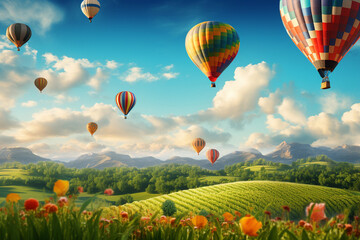 Wall Mural - Hot air balloons fly in sunset sky against background. 