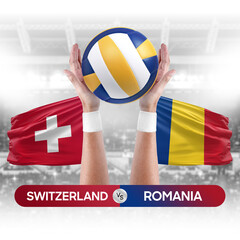 Switzerland vs Romania national teams volleyball volley ball match competition concept.