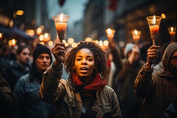 Wall Mural - A striking scene as protestors walk the street, their presence a testament to the enduring fight for justice, equality, and social change