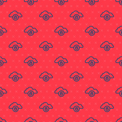 Poster - Blue line Cloud computing lock icon isolated seamless pattern on red background. Security, safety, protection concept. Protection of personal data. Vector