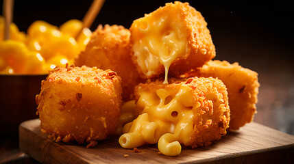 Delectable deep-fried macaroni and cheese balls with a crispy golden coating.