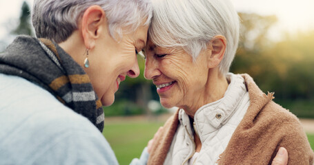 Wall Mural - Love, connection and senior women being affection for romance and bonding on an outdoor date. Nature, commitment and elderly female couple in retirement with intimate moment in a green garden or park