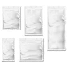 Blank White Sachet Packet With Tear Notches Vector Mock-up Set. Individual Plastic Bag Package For Cosmetic, Medical Or Food Product Mockup. Template For Design