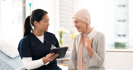 Poster - Tablet, nurse and woman with cancer patient, elderly and hospital consultation for wellness. Tech, happy and medical professional with sick senior person coughing for advice, healthcare or support