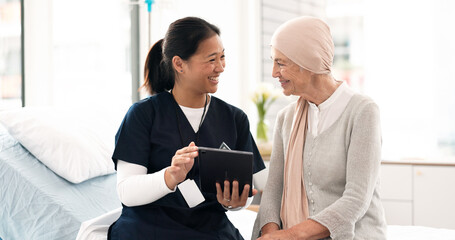 Wall Mural - Tablet, nurse and woman with cancer patient in hospital, consultation and wellness. Technology, happy and medical professional with sick senior person for advice, healthcare and support in clinic