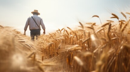 Rear view farmer walking through a wheat field in the morning.