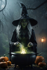 A beautiful young witch stands in front of a cauldron of smoke and green glow. Halloween concept