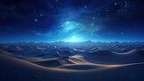 fantastic dunes in the desert at night with sparkling stars with an oasis