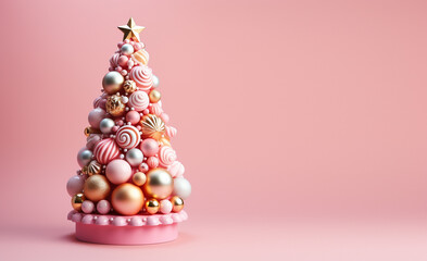 Decorative pink Christmas tree on a pink background. Copy space.