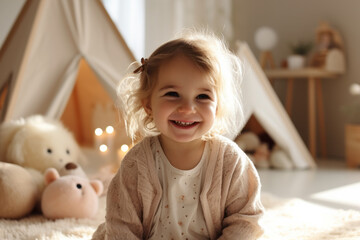 Full-body shot of a happy 3-year-old girl playing on the carpet in the living room with toys around. She is wearing a light beige home outfit