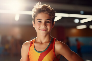 Happy boy at Artistic gymnastics training lesson wearing colorful leotard looking at camera