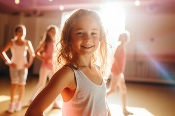 Happy caucasian girl at indoor activity training lesson such as dance or gym looking at camera