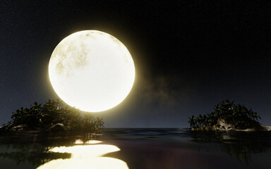Wall Mural - Astronomical Phenomenon the golden yellow full moon is reflected in the sea. The shadow of the island in the ocean The sky has many stars. Ripples on the sea at night.3D Rendering