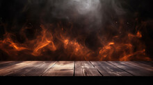 Empty Wooden Table In Front Of A Background Of Fire And Smoke.