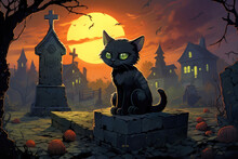 Black Cat Sitting Against Full Moon In A Cemetery At Halloween Night. Digital Illustration, Generative AI