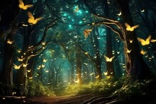 Enchanted Forest With Glowing Fireflies. Generative AI