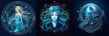 Aquarius Zodiac Signs On Blue Background. Generative Ai.