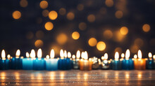 Artistic Close-up Of Hanukkah Candles Burning Bright , Hanukkah, Wide Banner With Copy Space Area  