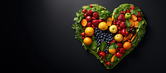  Healthy heart made of fresh fruits and vegetables on a black background