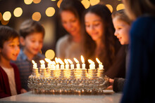 Family Gathering Around Menorah With Sparkling Bokeh , Hanukkah, Bokeh  