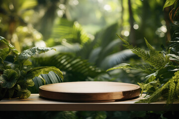 Abstract round platform podium for organic cosmetic products. Natural style presentation display stand. Circle wooden podium on wooden table over blurred forest background. Front view