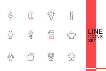 Canvas Print - Set line Ice cream in the bowl, Chicken leg, Plum fruit, Corn, Bowl of hot soup, Tea bag, Fly agaric mushroom and icon. Vector