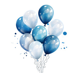 Blue balloons watercolor illustration isolated on transparent background