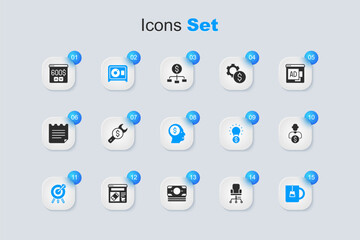 Sticker - Set Office chair, Repair price, Safe, Target financial goal, Cup of tea, Business investor, Monitor with dollar and man planning mind icon. Vector