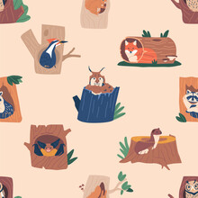 Seamless Pattern Or Wallpaper With Animals And Birds Living In Hollows. Lynx, Squirrel, Fox And Owl. Raccoon, Ferret