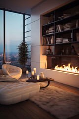 Modern fireplace in apartment with sofa and big windows. Cozy home. AI Generative