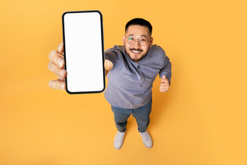 Aufkleber - Online Offer. Handsome Asian Man Demonstrating Blank Smartphone And Showing Thumb Up