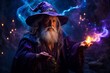 A mystical wizard holding a lit candle, with a majestic white beard and a vibrant purple hat